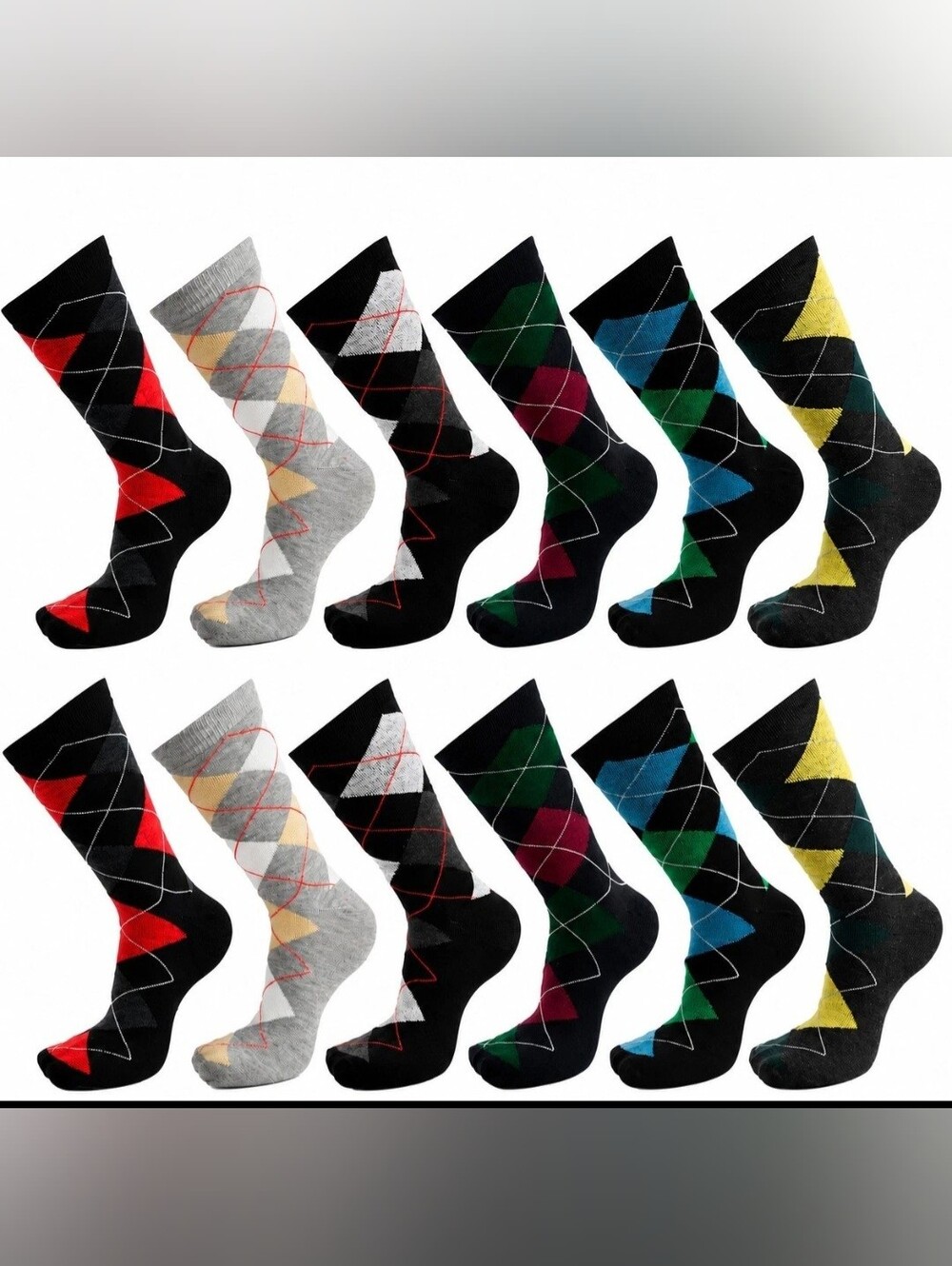 12 Pairs Men’s Argyle Dress Socks Cotton Blend Classic Colors New Size 10-13